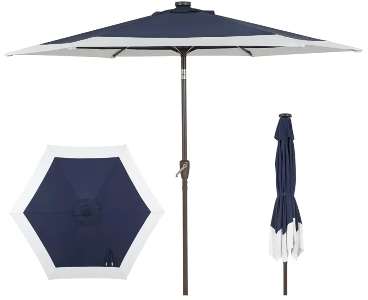 Spencer Classic Coastal 2-Tone Solar LED Market Patio Umbrella with 12 LED Strip Lights, Auto-Tilt, Crank and UV Protection