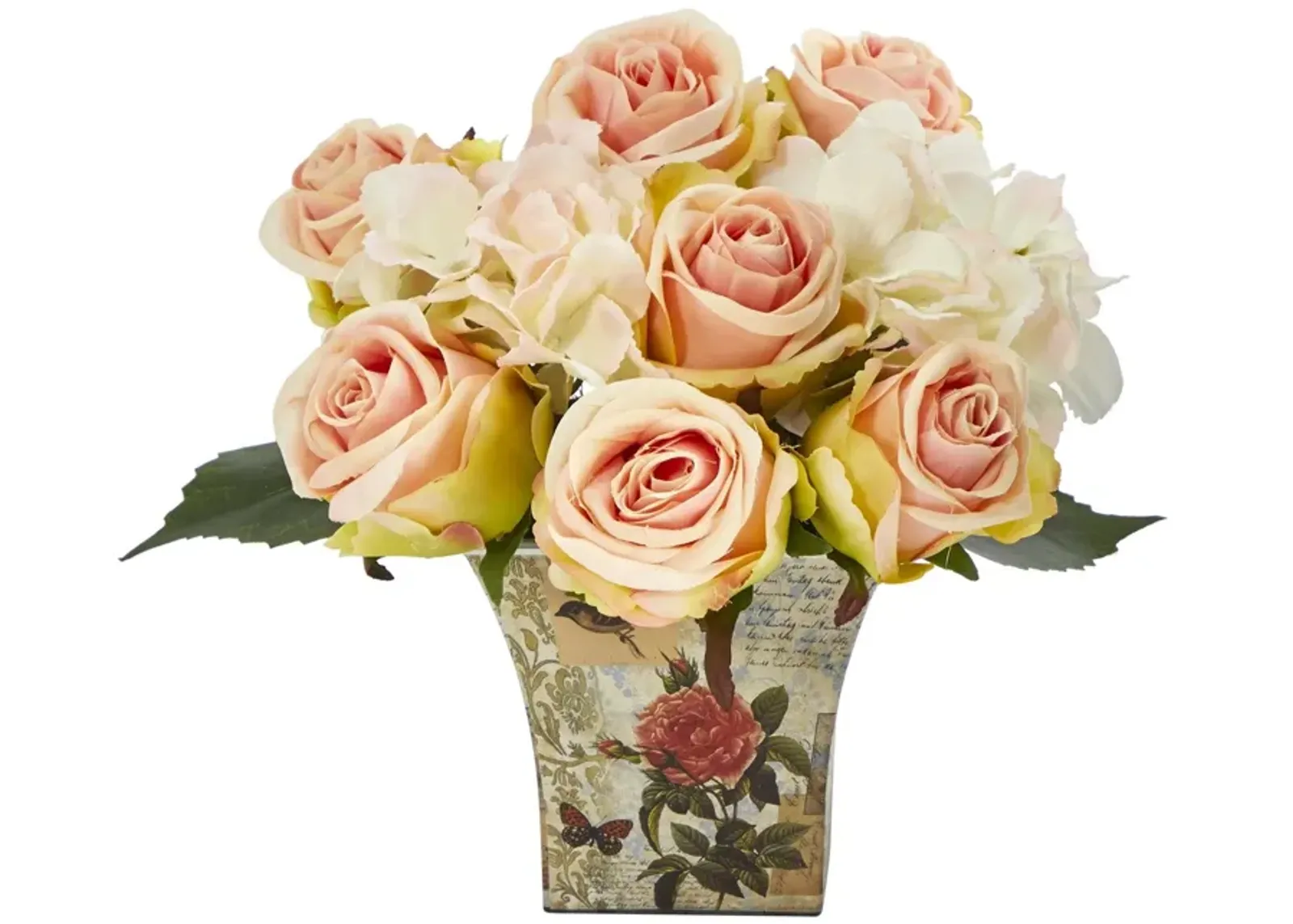 Nearly Natural 8-in Rose and Hydrangea Bouquet Arrangement in Floral Vase