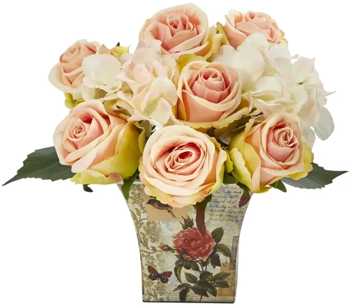 Nearly Natural 8-in Rose and Hydrangea Bouquet Arrangement in Floral Vase