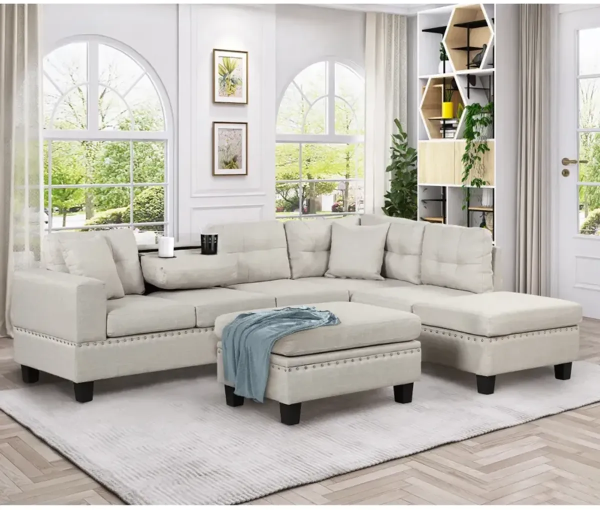 104.5" Modern Sectional Sofa with Storage Ottoman, L-Shape Couch with 2 Pillows and Cup Holder,Sectional Sofa with Reversible Chaise for Living Room,Light Gray