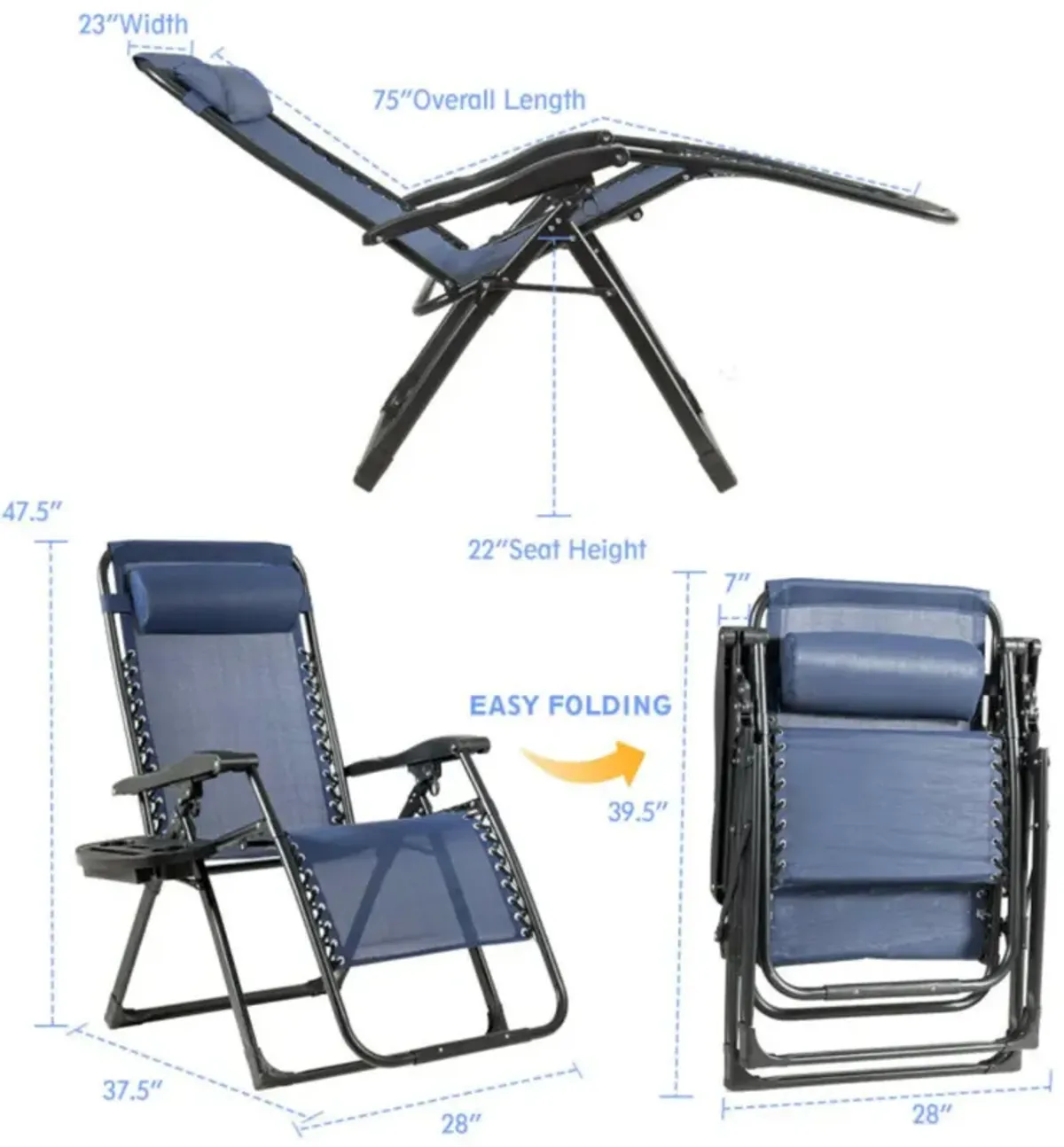 Hivvago Oversize Lounge Chair Patio Heavy Duty Folding Recliner