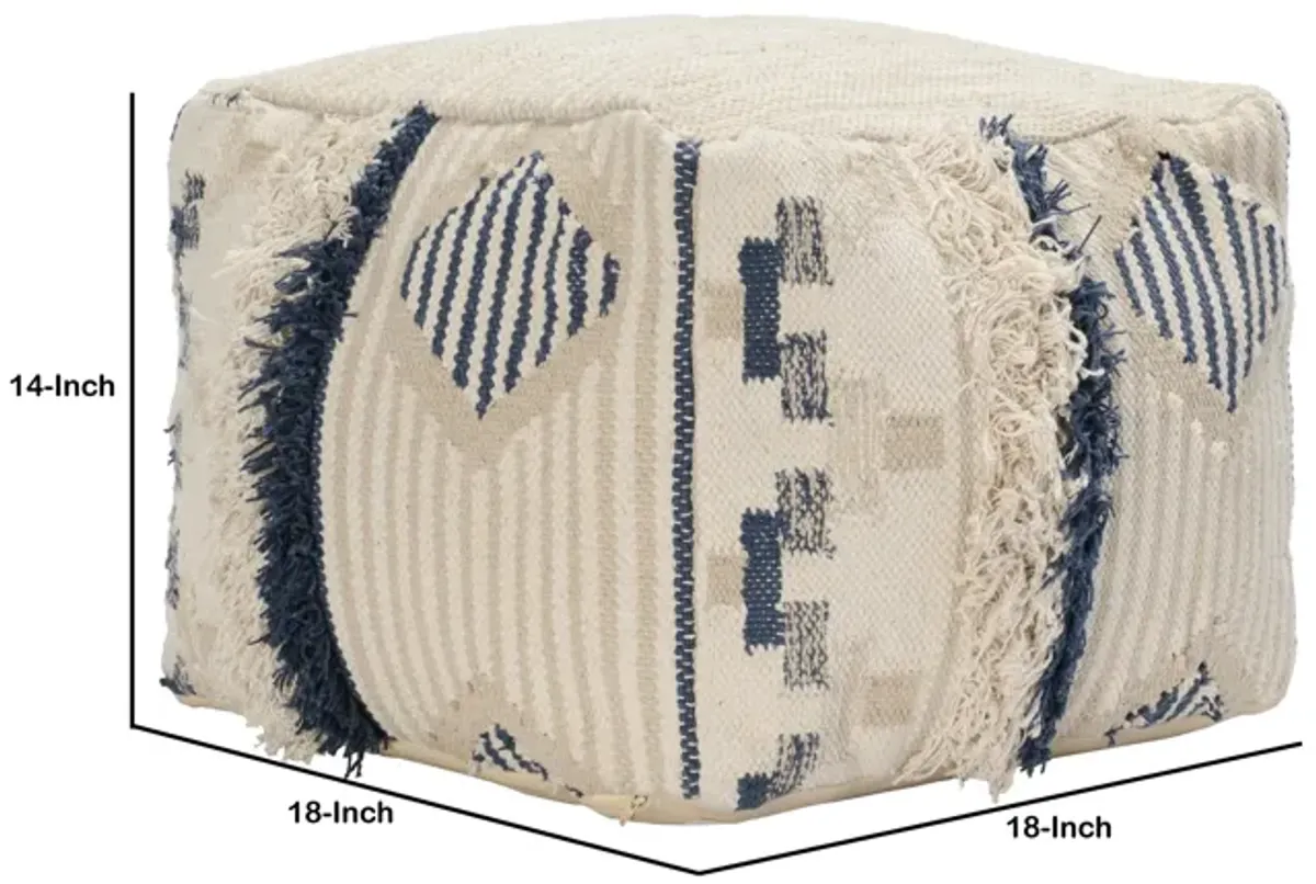 Fabric Pouf Ottoman with Woven Design and Fringe Details, Cream and Blue-Benzara