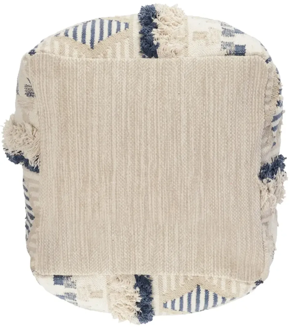 Fabric Pouf Ottoman with Woven Design and Fringe Details, Cream and Blue-Benzara