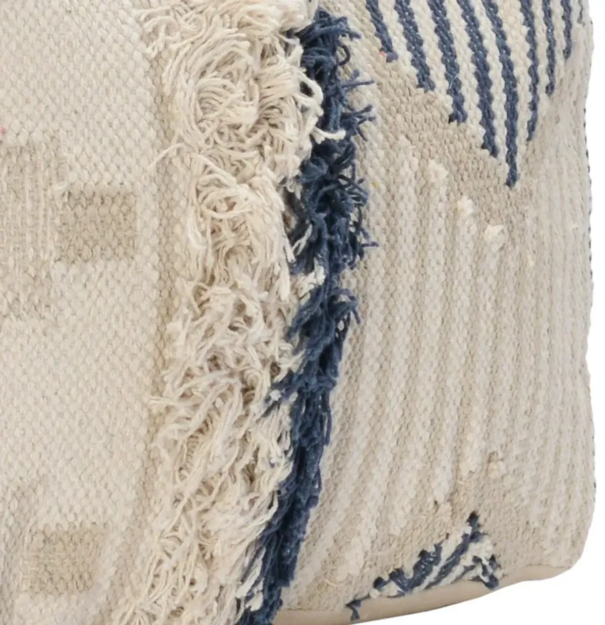 Fabric Pouf Ottoman with Woven Design and Fringe Details, Cream and Blue-Benzara