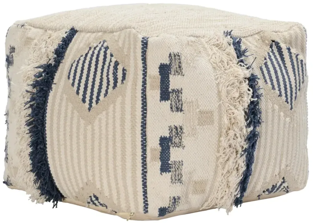 Fabric Pouf Ottoman with Woven Design and Fringe Details, Cream and Blue-Benzara