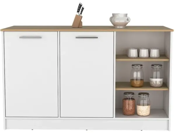 Kitchen Island Two Cabinets, Three Open Shelves, White / Natural Oak