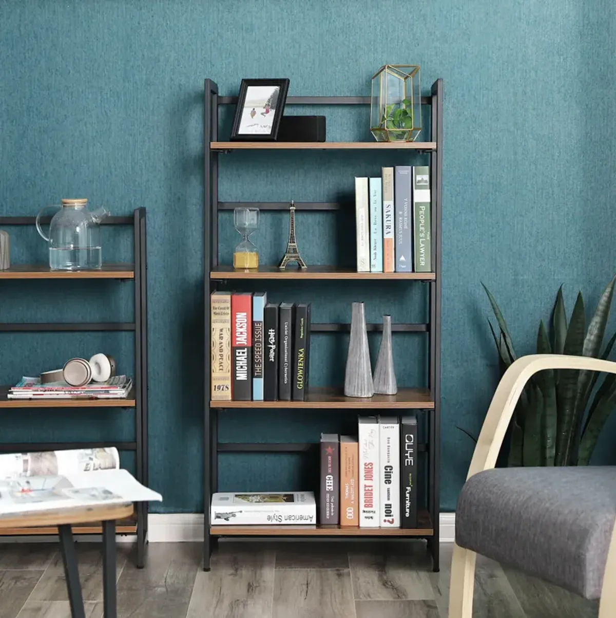 Sturdy 4-Tier Industrial Folding Bookshelf – Wood Look & Metal Frame