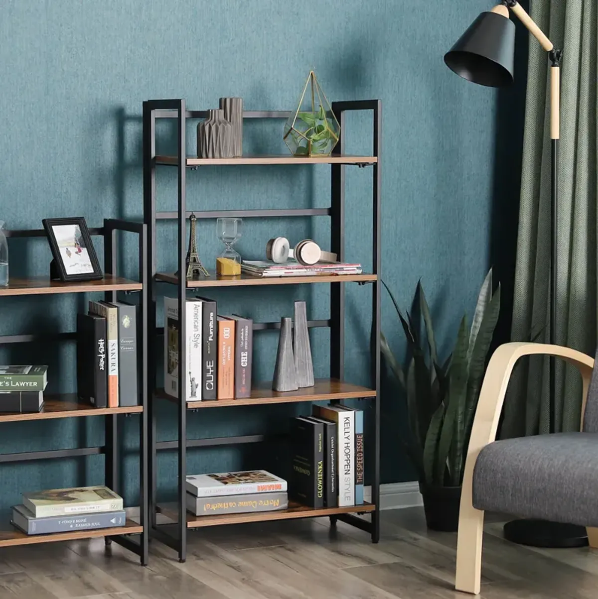 Sturdy 4-Tier Industrial Folding Bookshelf – Wood Look & Metal Frame