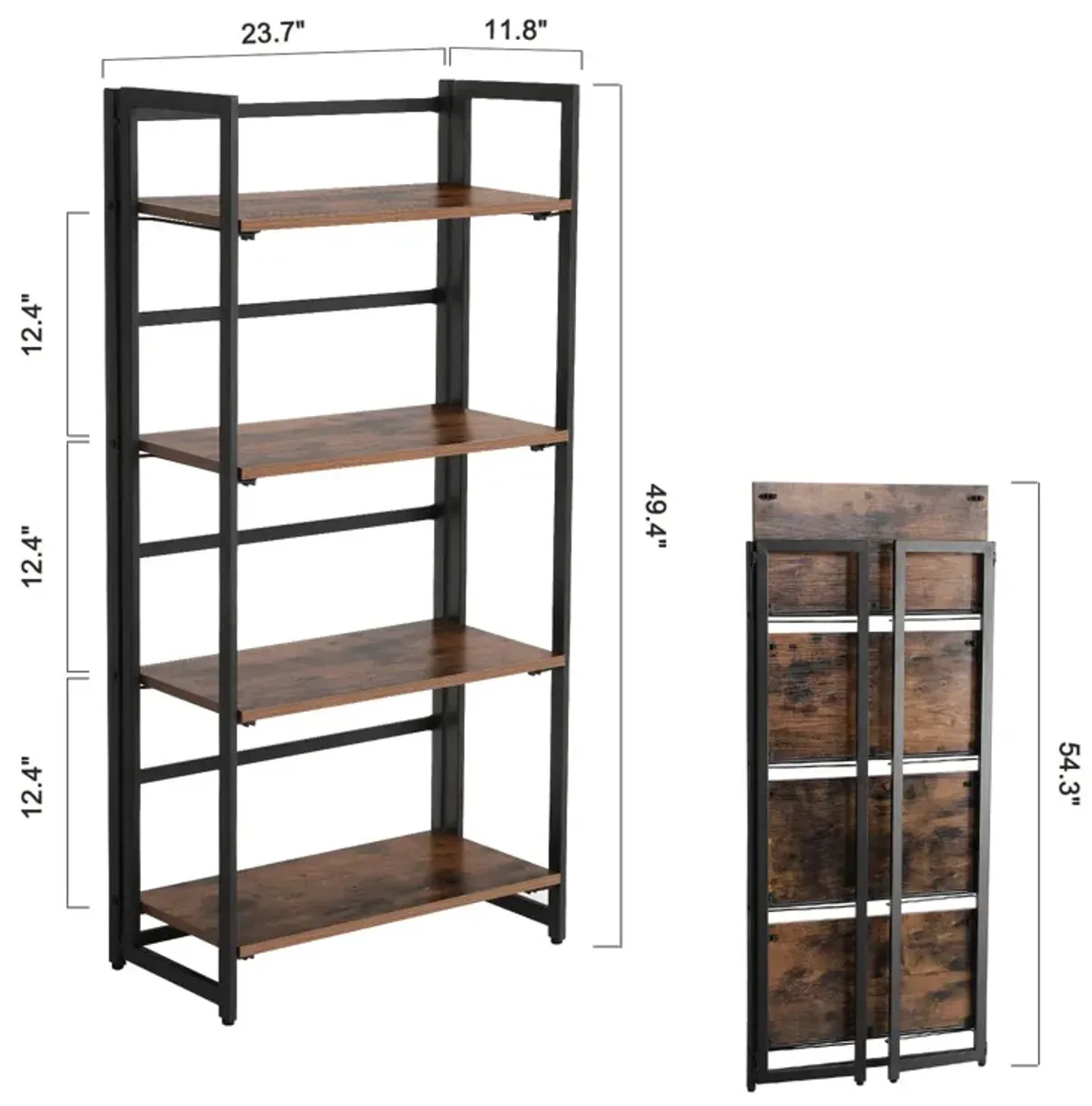 Sturdy 4-Tier Industrial Folding Bookshelf – Wood Look & Metal Frame