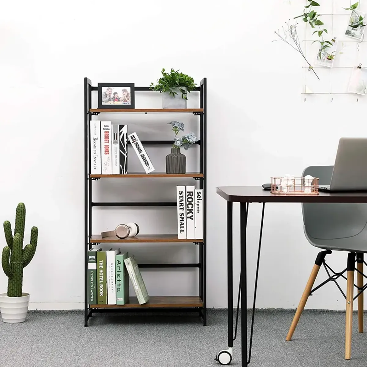 Sturdy 4-Tier Industrial Folding Bookshelf – Wood Look & Metal Frame