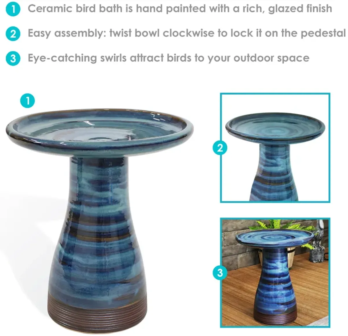 Sunnydaze Outdoor Glazed Ceramic Bird Bath - 20.5 in