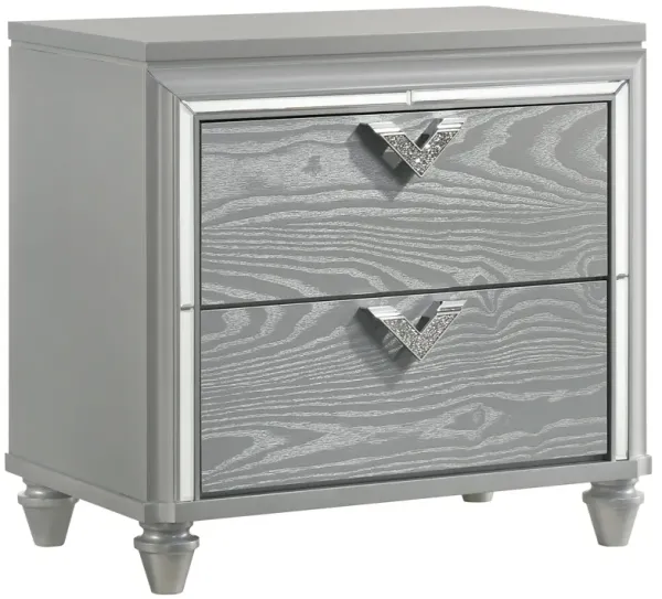 Haley Nightstand, 2 Drawers, V Shape Glittering Handles, Light Silver Wood - Benzara