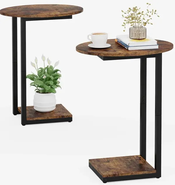 Hosfais Small Side Table Set of 2 - C-Shaped Wood Sofa End Table with Metal Frame for Living Room, Bedroom, Small Spaces (Rustic