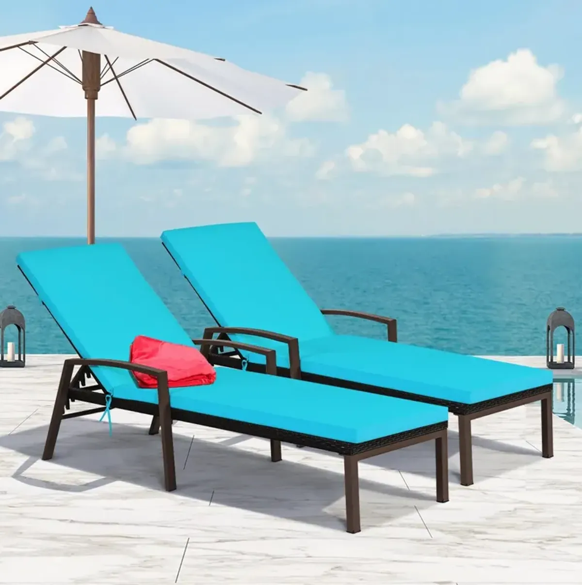 2 Pieces Patio Rattan Adjustable Back Lounge Chair with Armrest and Removable Cushions