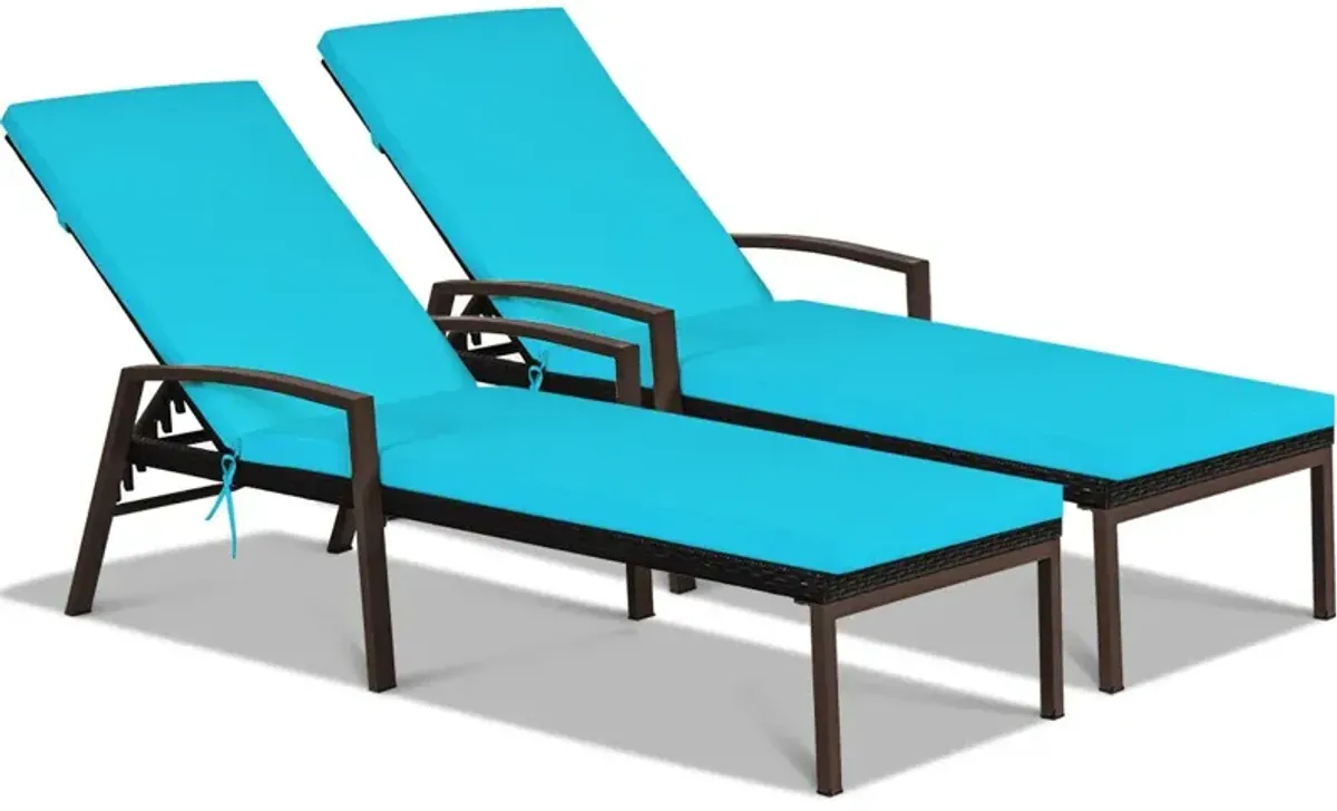 2 Pieces Patio Rattan Adjustable Back Lounge Chair with Armrest and Removable Cushions