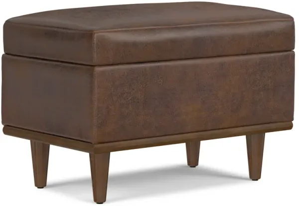 Shiloh 26 inch Wide Transitional Contemporary Small Storage Ottoman in Distressed Chestnut Brown Vegan Faux Leather, Assembled