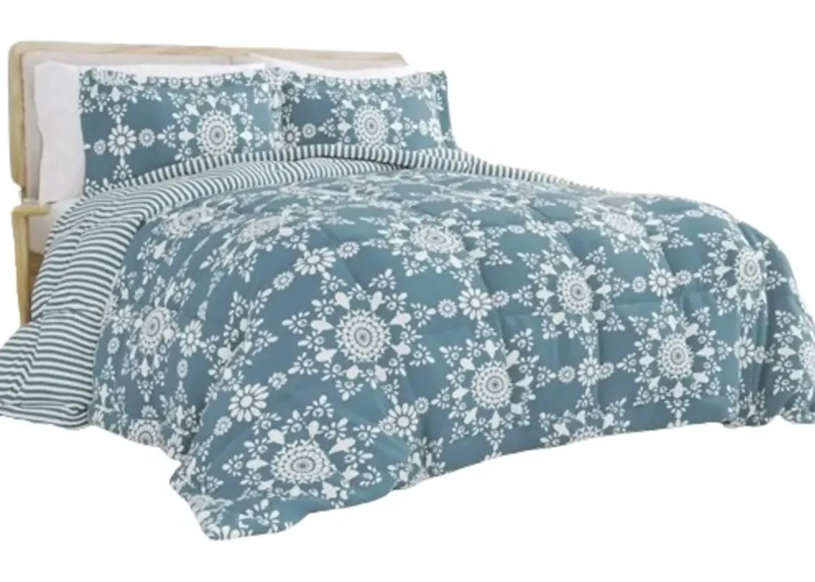 Hivvago King size 3 Piece Blue and White Reversible Floral Striped Comforter Set