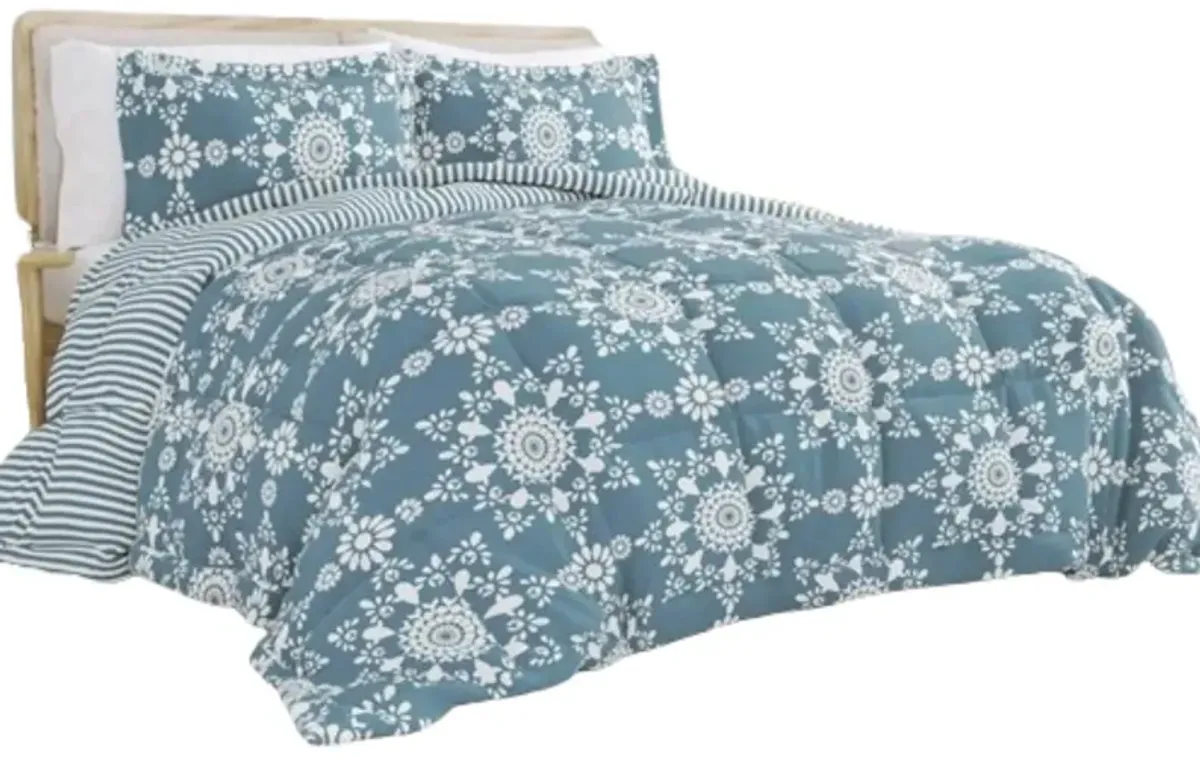 Hivvago King size 3 Piece Blue and White Reversible Floral Striped Comforter Set