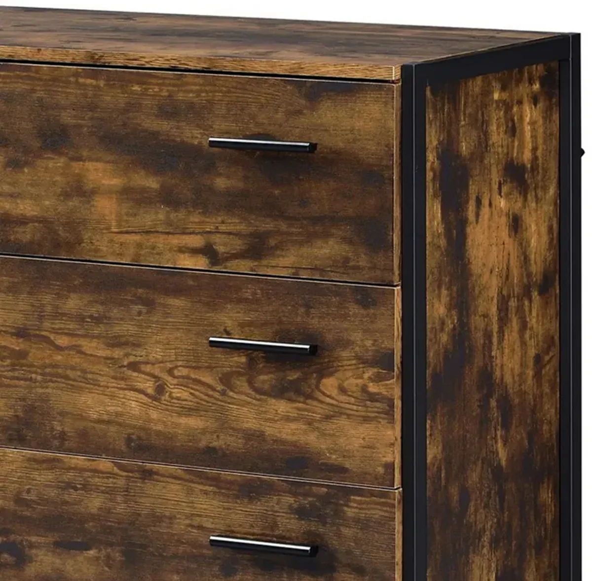 Nat 48 Inch Rustic Wood Chest, 5 Drawers, Brown and Black-Benzara