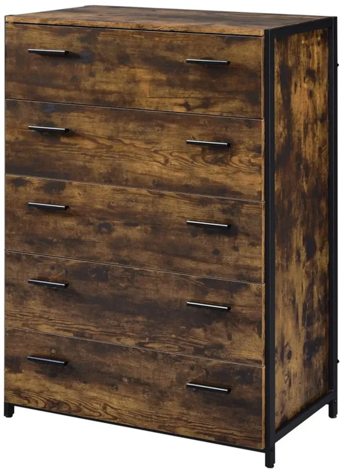 Nat 48 Inch Rustic Wood Chest, 5 Drawers, Brown and Black-Benzara