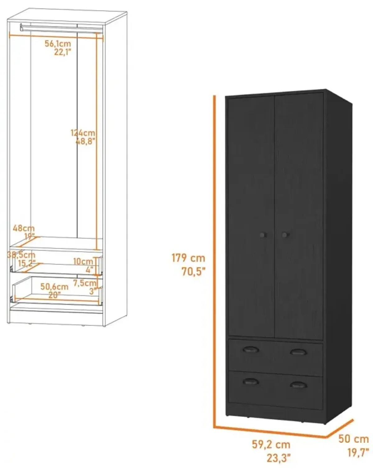 Westminster 2-Door 2-Drawer Armoire With Hanging Rod Black