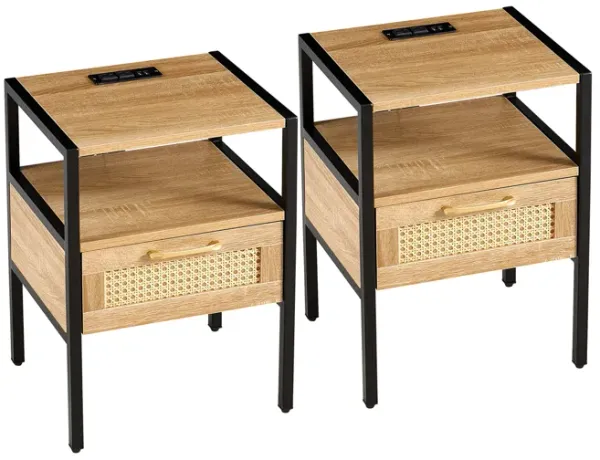 Streamdale Modern Rattan End Table with Power and USB Ports