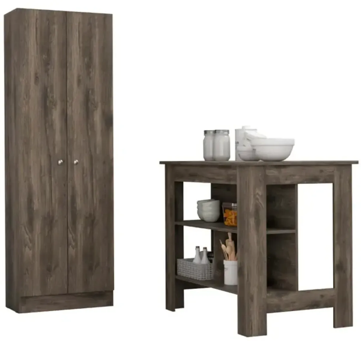 Brookvale 8-Shelf 2-Door 2-Piece Kitchen Set, Kitchen Island And Pantry Cabinet Dark Brown