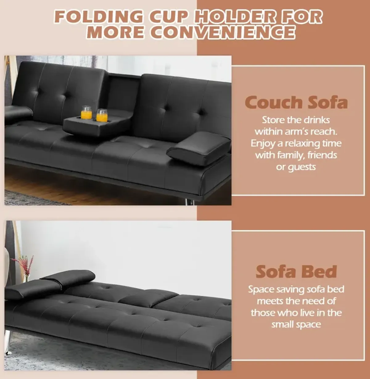 Convertible Folding Leather Futon Sofa with Cup Holders and Armrests