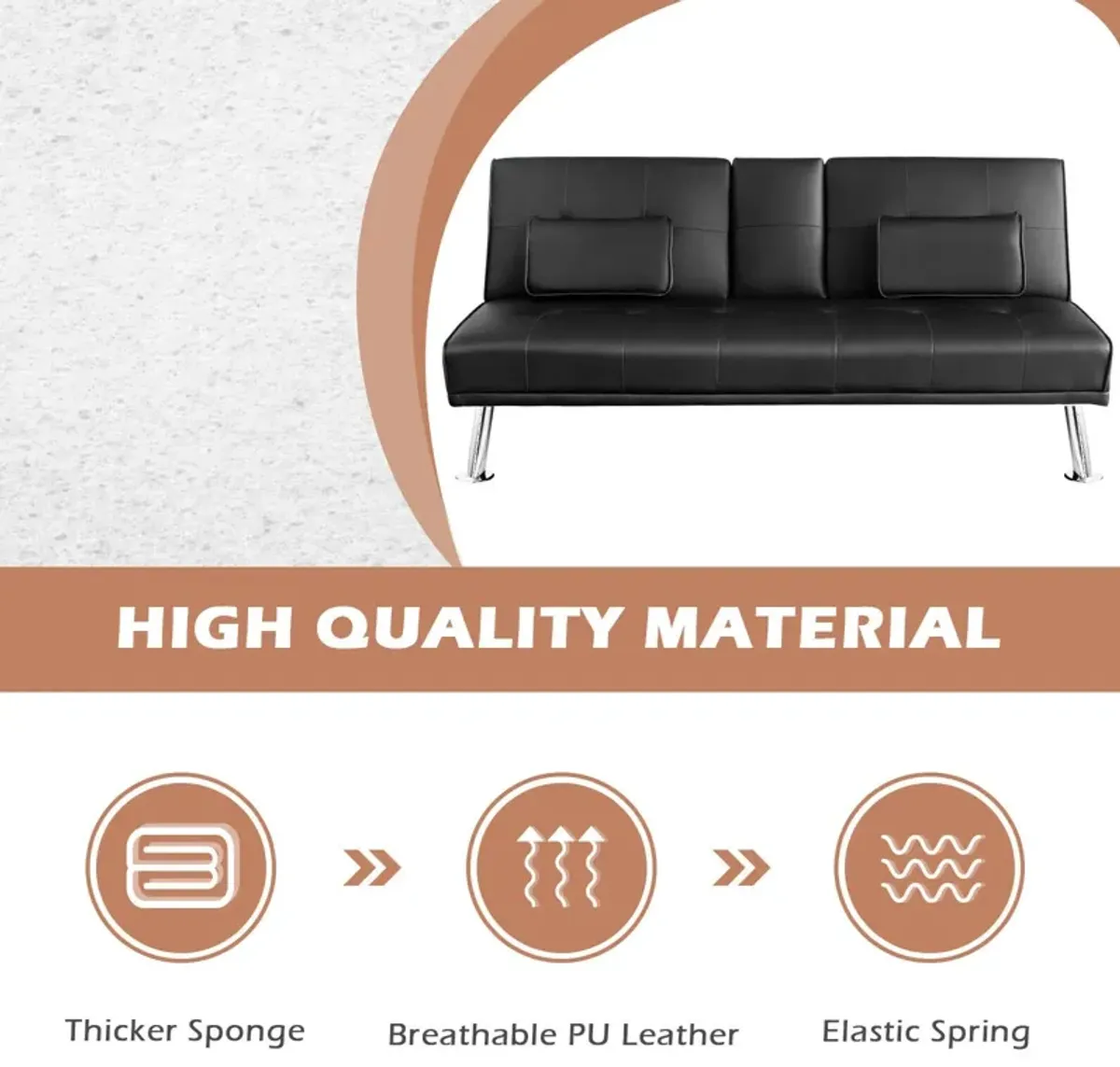 Convertible Folding Leather Futon Sofa with Cup Holders and Armrests