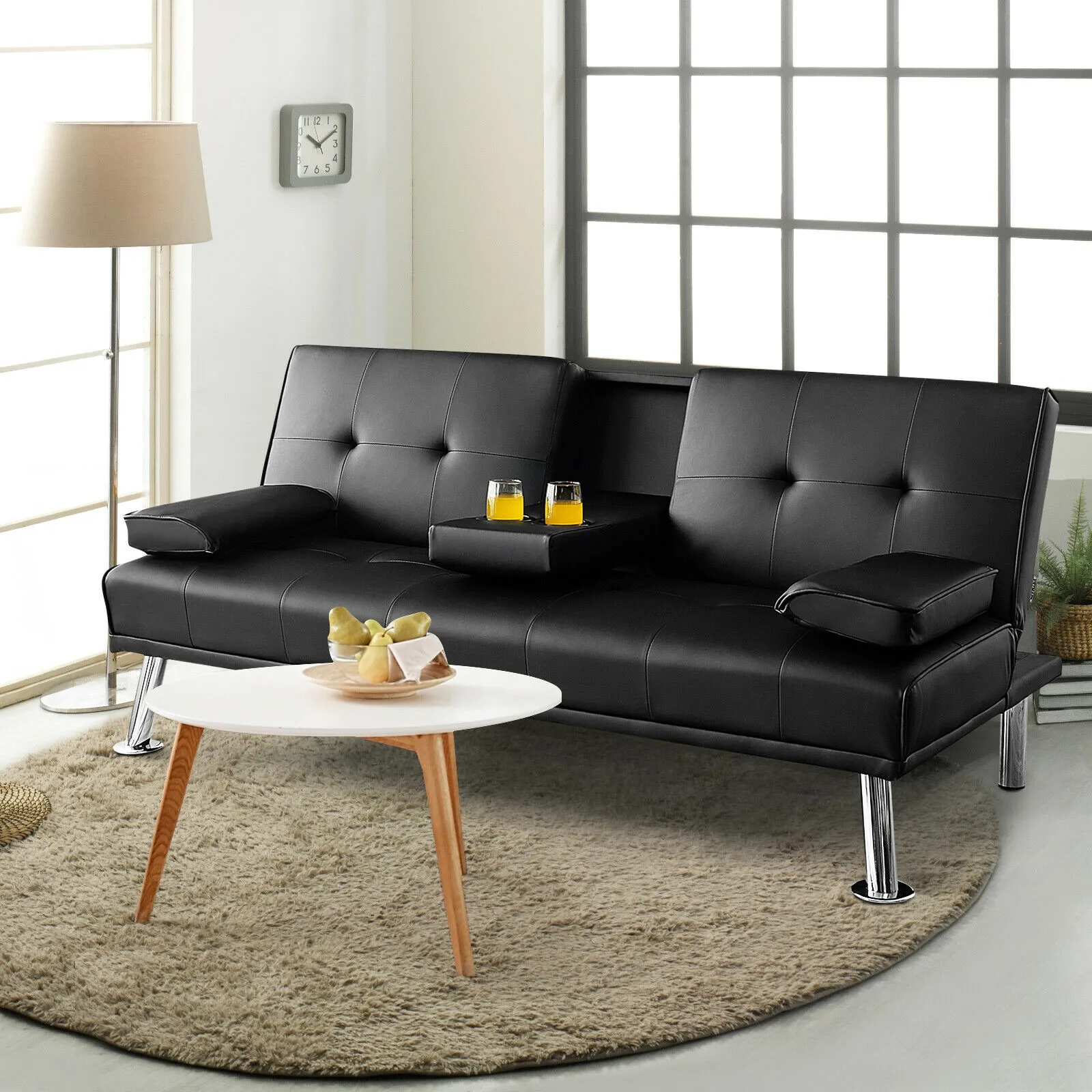 Convertible Folding Leather Futon Sofa with Cup Holders and Armrests