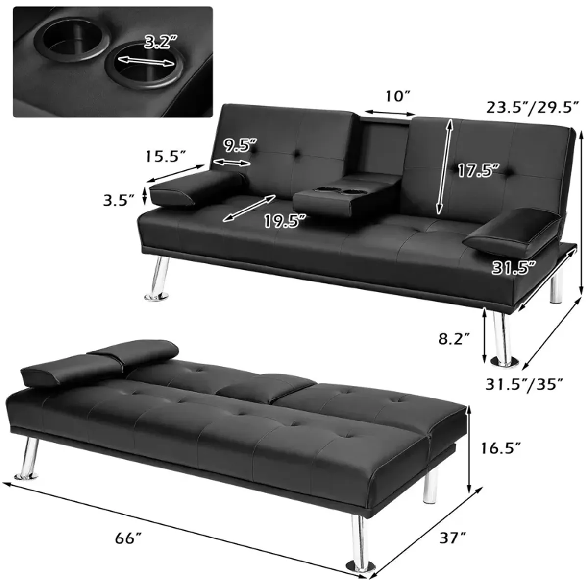 Convertible Folding Leather Futon Sofa with Cup Holders and Armrests