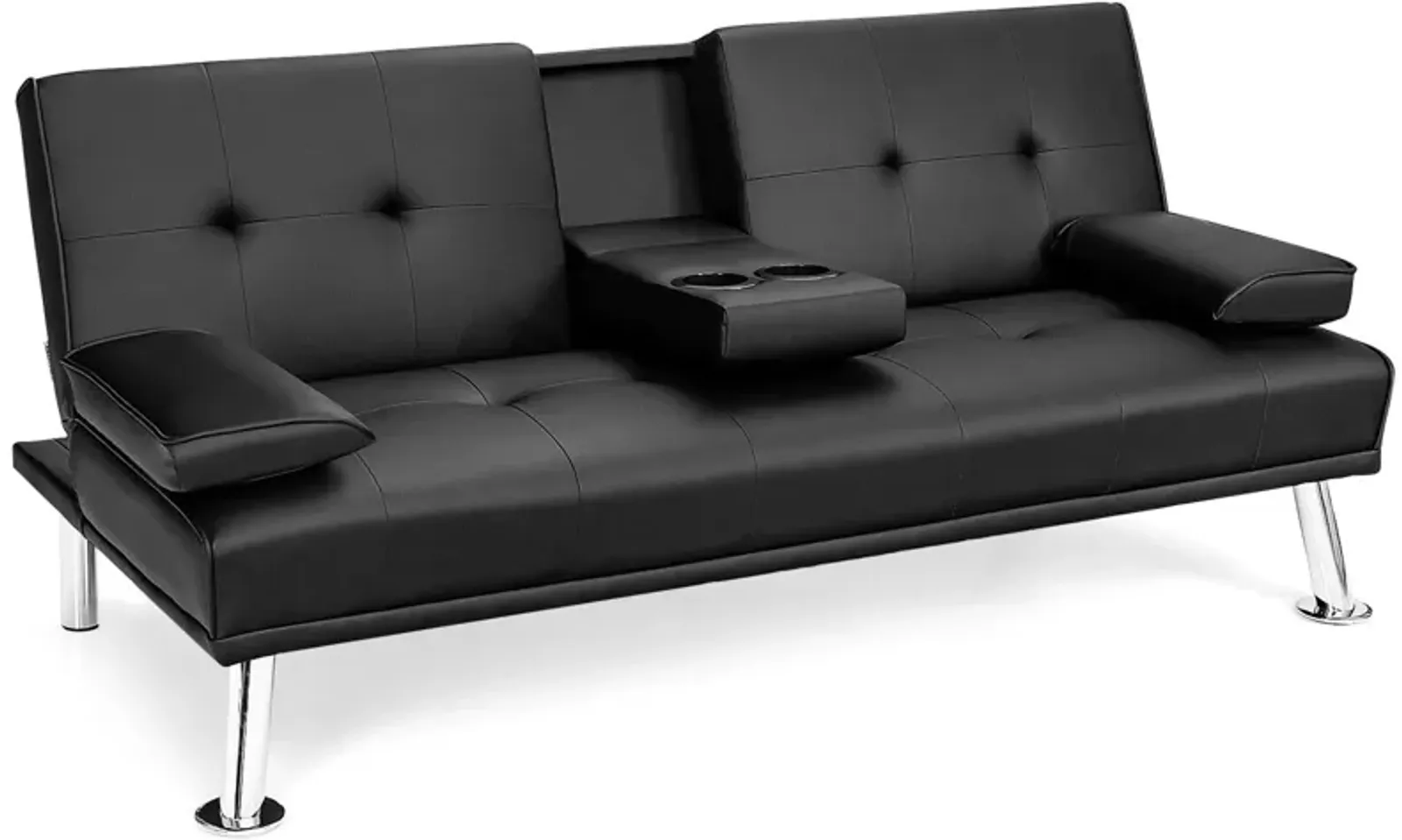 Convertible Folding Leather Futon Sofa with Cup Holders and Armrests