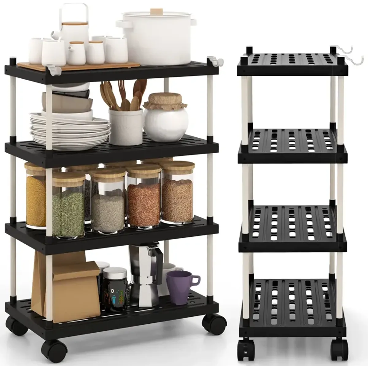 4-Tier Kitchen Slim Storage Cart with Lockable Wheels-Black