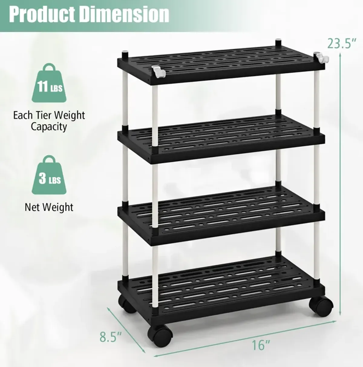 4-Tier Kitchen Slim Storage Cart with Lockable Wheels-Black