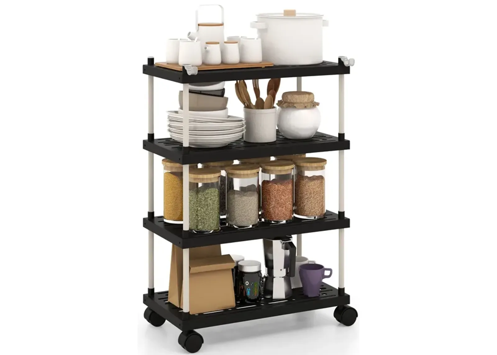 4-Tier Kitchen Slim Storage Cart with Lockable Wheels-Black