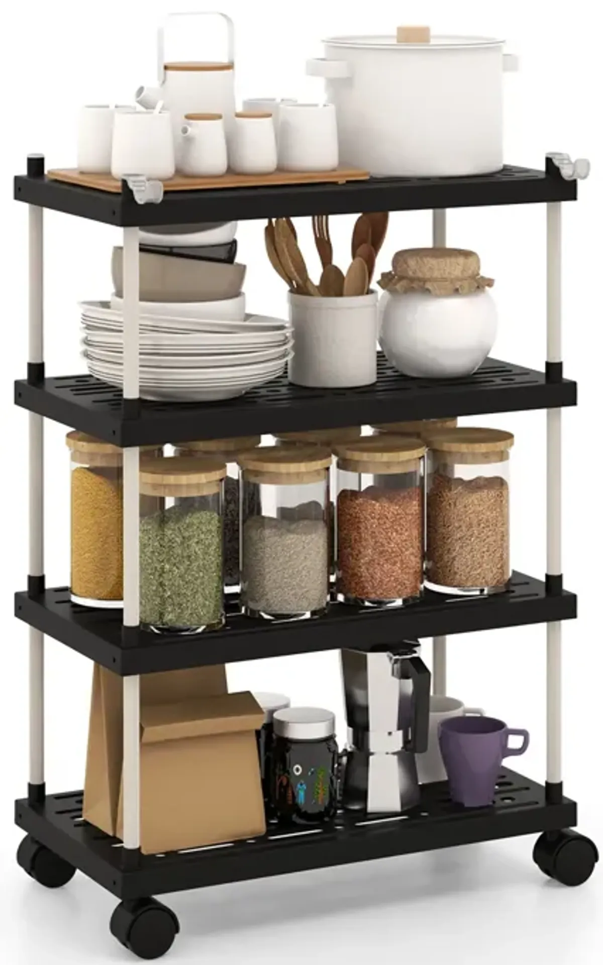 4-Tier Kitchen Slim Storage Cart with Lockable Wheels-Black