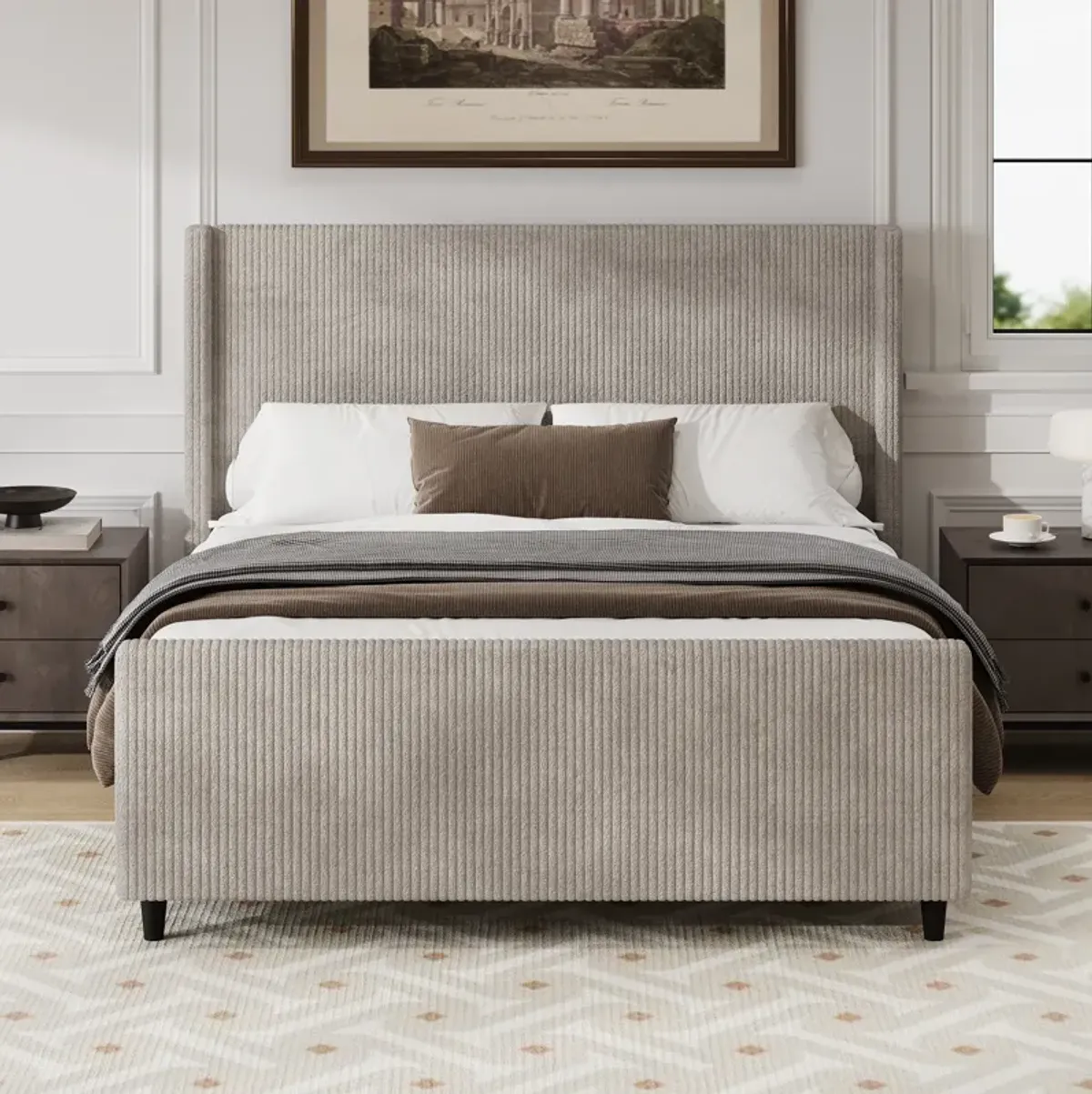 Merax High Headboard Corduroy Platform Bed Bedroom Furniture