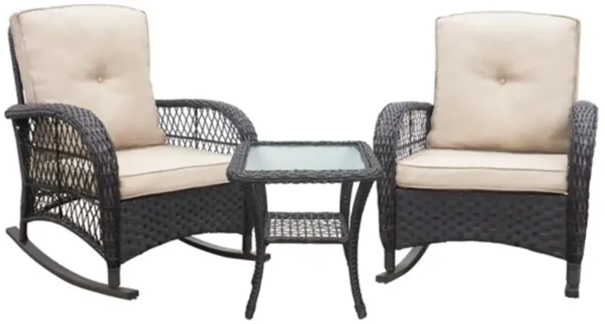 3-Piece Patio Rocker Set Outdoor Wicker Rocking Chairs with Side Table for Porch, Deck & Garden