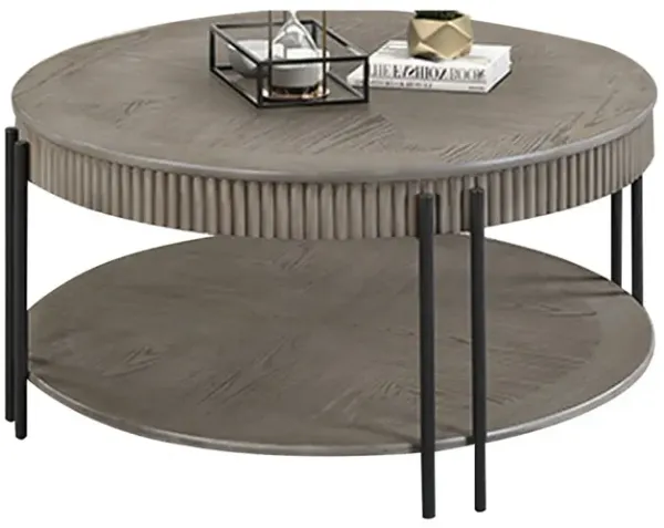 Pery Coffee Table, 38 Inch, Light Gray Round Top, Sleek Iron Legs