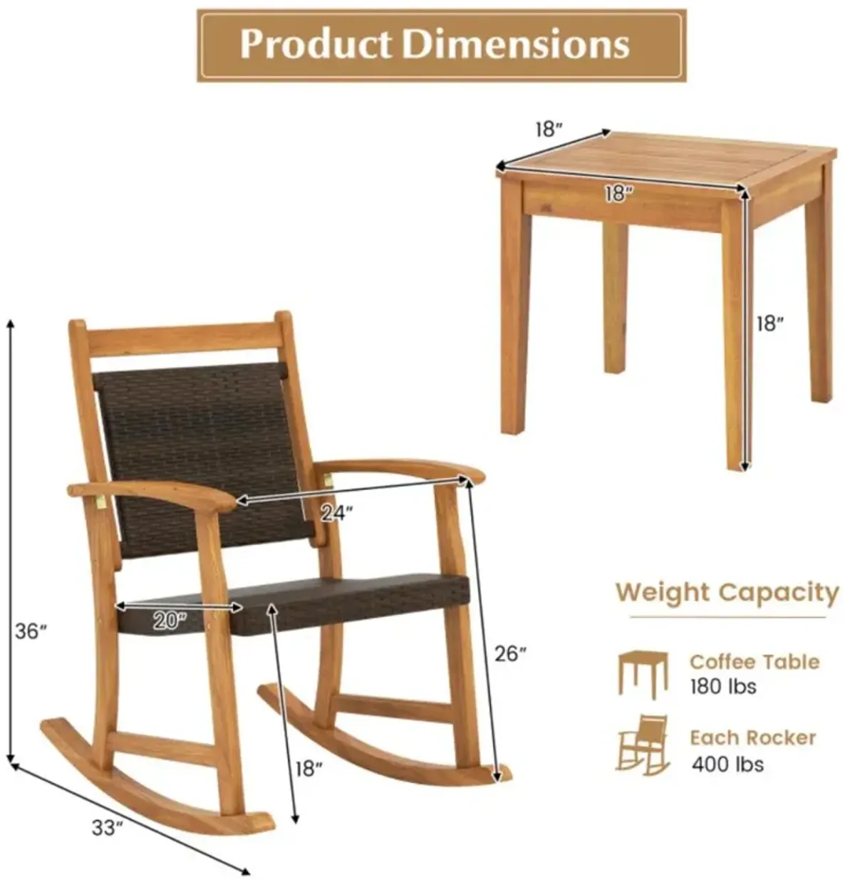 Hivvago 3 Pieces Acacia Wood Patio Rocking Chair Set with Side Table