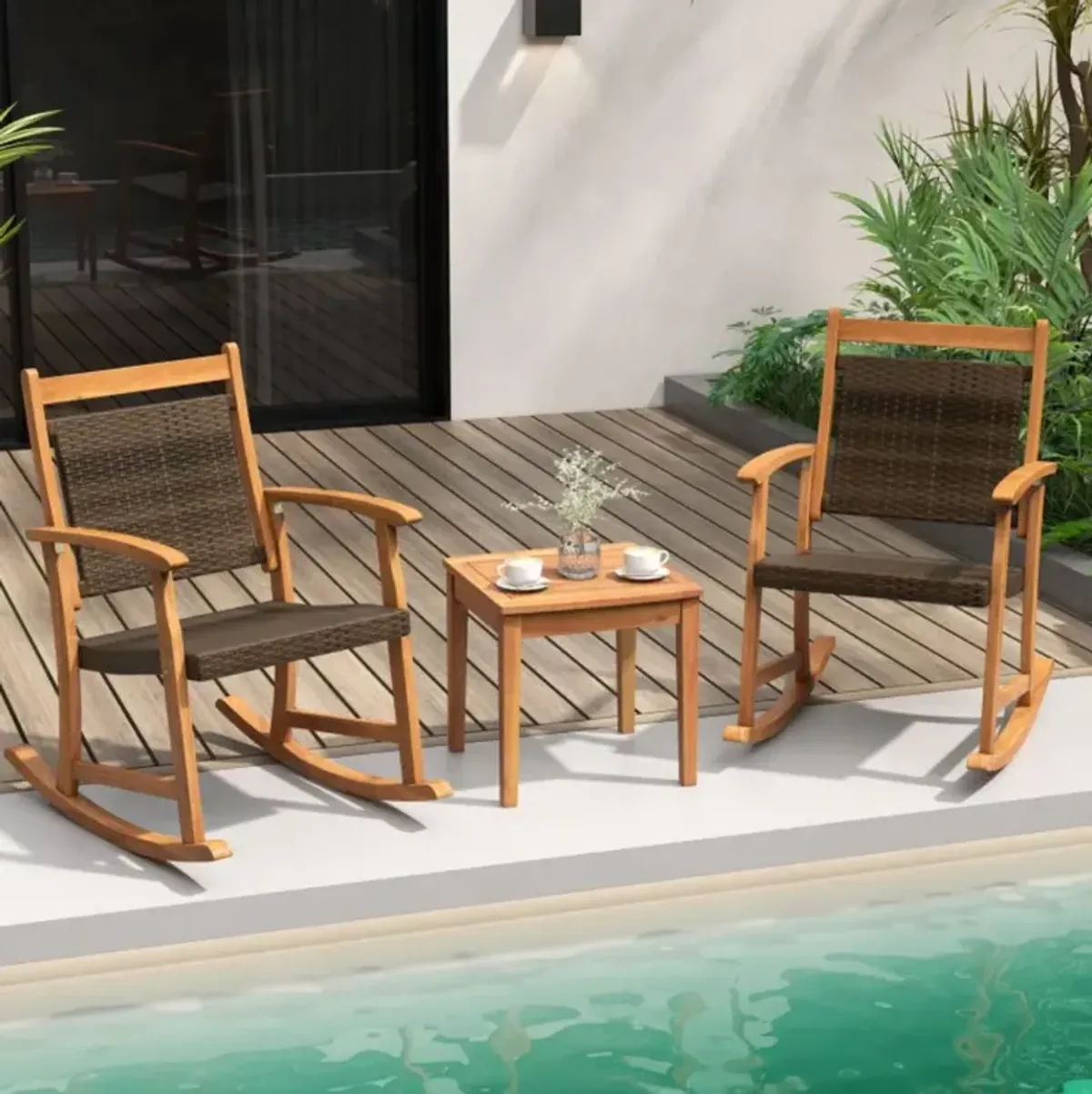 Hivvago 3 Pieces Acacia Wood Patio Rocking Chair Set with Side Table