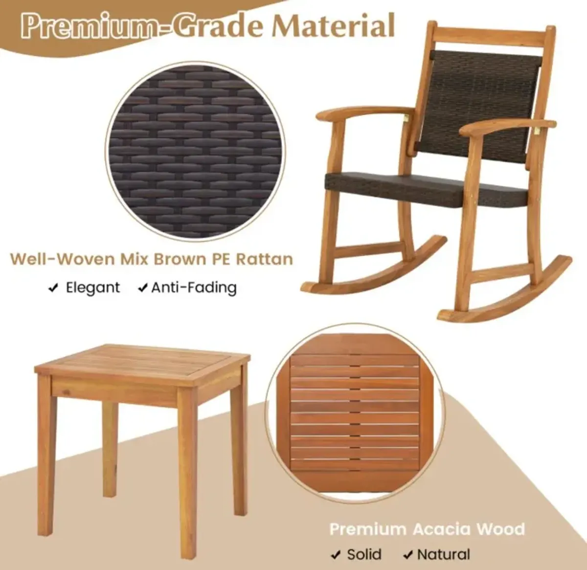 Hivvago 3 Pieces Acacia Wood Patio Rocking Chair Set with Side Table