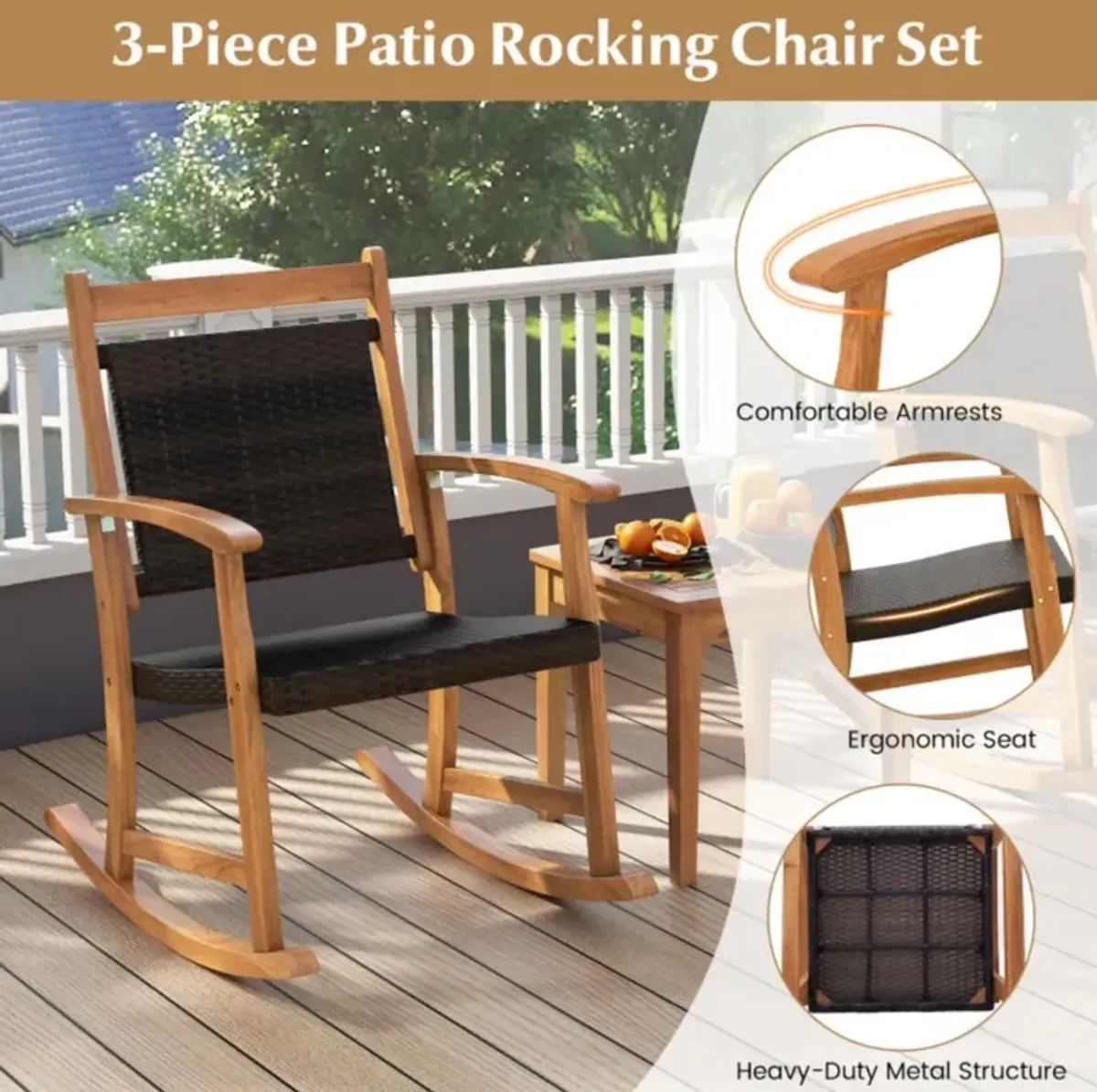 Hivvago 3 Pieces Acacia Wood Patio Rocking Chair Set with Side Table