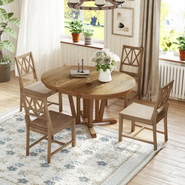 Merax Rustic 5-Piece Extendable Dining Table Set Round Trestle Table and 4 Cross Back Dining Chairs