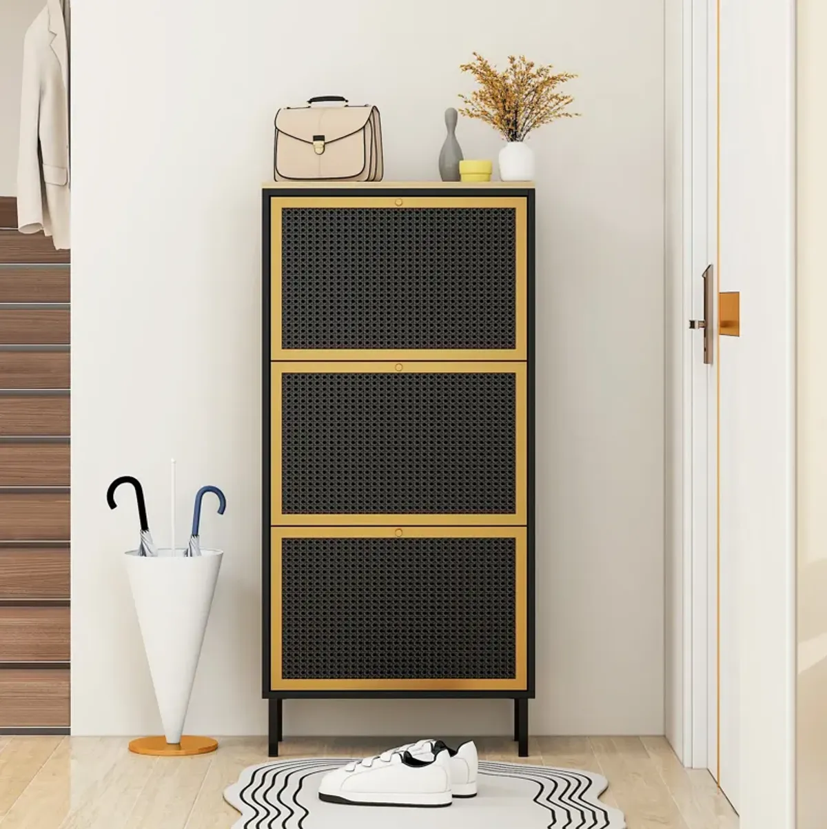 MONDAWE 3 Metal Door Shoe Rack, Freestanding Modern Shoe Metal Rattan Storage Cabinet, for Entryway, Living Room