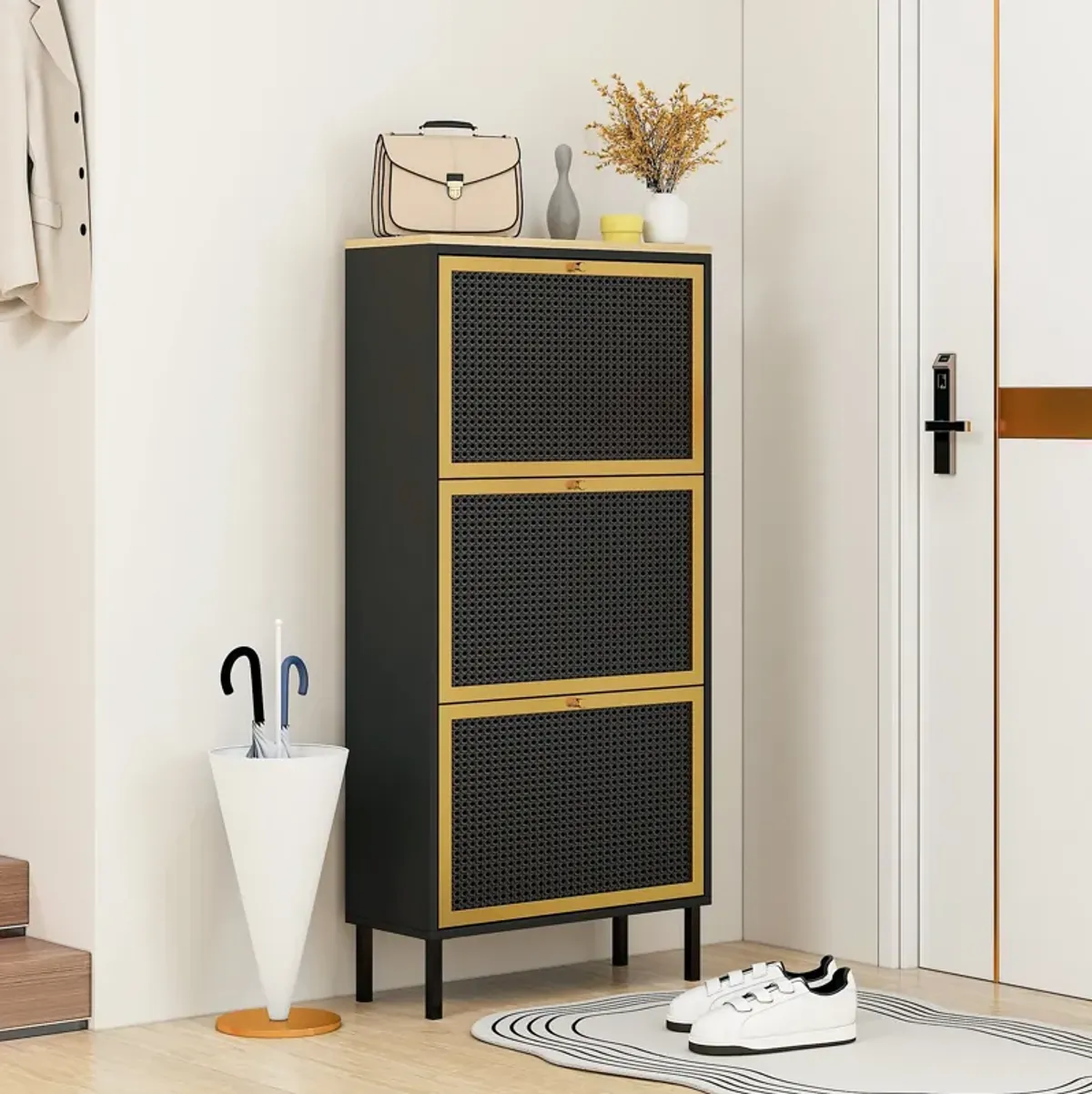 MONDAWE 3 Metal Door Shoe Rack, Freestanding Modern Shoe Metal Rattan Storage Cabinet, for Entryway, Living Room