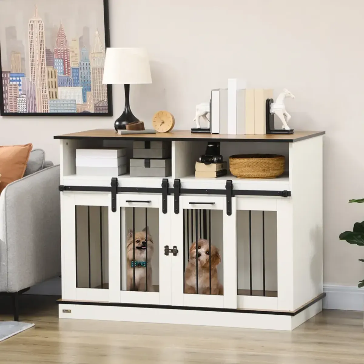 White Pet Sanctuary: Large Double Dog Crate with Shelves & Storage