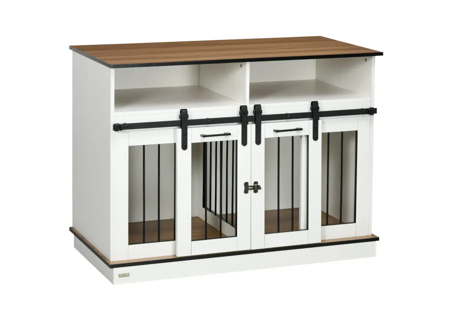 White Pet Sanctuary: Large Double Dog Crate with Shelves & Storage