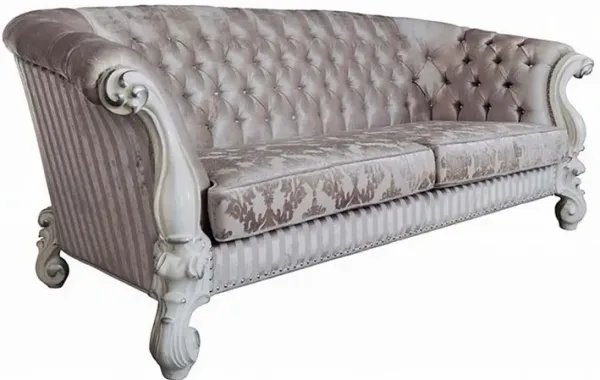 Kai Sofa, 7 Pillows, Tufted Ivory Fabric, Scrolled, White, 99 Inch - Benzara