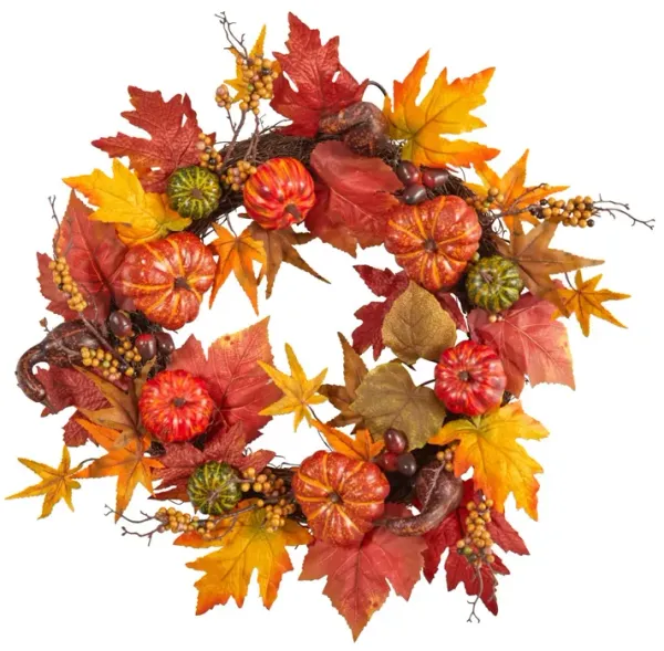 Nearly Natural 24-in Autumn Pumpkin and Berries Artificial Fall Wreath